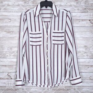 Express Womens Button Up Top Blouse Small Stripe Burgundy Gray 116A